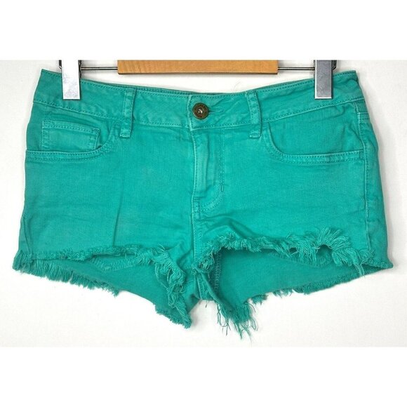 Bullhead Jean Shorts Cut Offs Women Size 5 Green Low Rise Stretch Denim Frayed - Picture 1 of 11